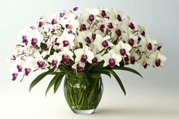 Obraz premium A vibrant bouquet of white and purple orchids in a clear glass vase, adding elegance to any setting.