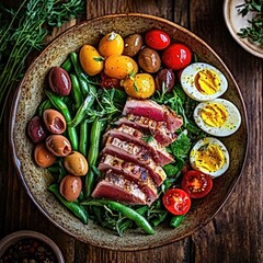 Fototapeta premium Tuna Salad with Boiled Egg, Olives, and Green Beans