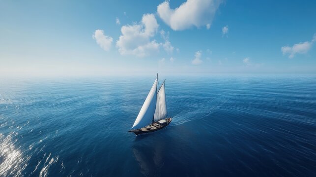 A lone sailboat glides on deep, tranquil blue ocean waters, capturing the serenity and vastness of the open sea under clear skies.