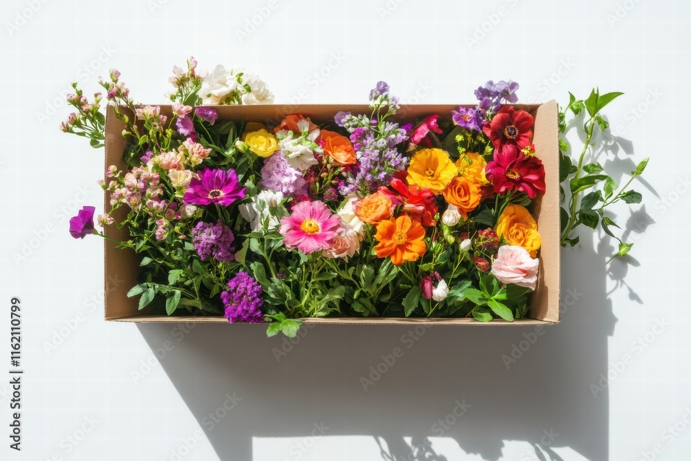 Aufkleber vibrant fresh flowers in a cardboard delivery box with space for text. generative ai