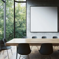 Fototapeta premium Modern conference room with a wooden table and black chairs, featuring large windows overlooking greenery.