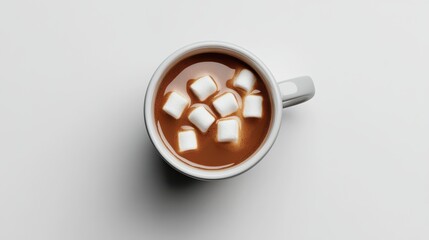Mug of hot cocoa with marshmallows, seen from above, on white background.