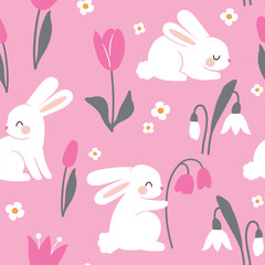 Seamless vector pattern with white rabbits on floral background. Hand drawn cute Easter bunny pattern. Perfect for textile, wallpaper or nursery print design.