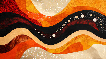 Modern Aboriginal-inspired art with winding path and dotted waves