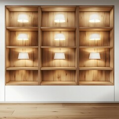 Fototapeta premium Contemporary wooden shelving with elegant lamps, creating a warm ambiance in a modern space.