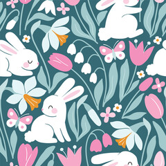 Seamless vector pattern with white rabbits on floral background. Hand drawn cute Easter bunny pattern. Perfect for textile, wallpaper or nursery print design.