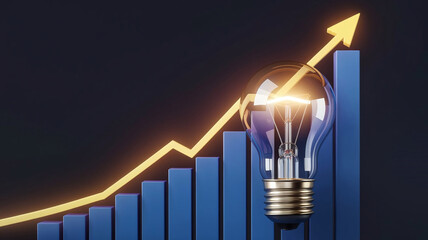 A glowing light bulb with a rising graph bar in the background, symbolizing increasing electricity costs, energy efficiency, or economic growth. 