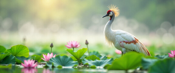 Elegant crane standing in serene pond with lotus flowers, natural beauty © ON - Studio
