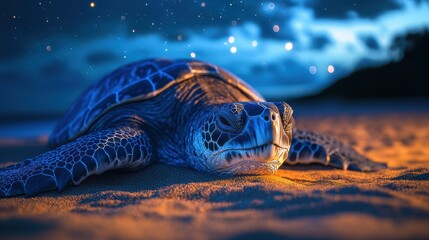 Nighttime Sea Turtle on Sandy Beach Under Starlit Sky