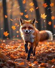 
Majestic red fox joyfully running through an autumn forest filled with vibrant orange and yellow falling leaves, showcasing the beauty of wildlife, nature, and the enchanting colors of the fall seaso