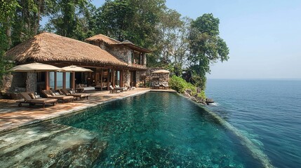 Fototapeta premium Tropical Luxury Villa with Infinity Pool: A breathtaking view of a luxurious villa perched on a cliff overlooking the turquoise waters of the ocean.