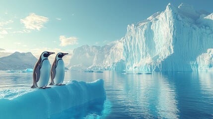 Two Penguins on Iceberg in Antarctic Landscape