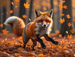 
Majestic red fox joyfully running through an autumn forest filled with vibrant orange and yellow falling leaves, showcasing the beauty of wildlife, nature, and the enchanting colors of the fall seaso