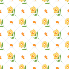 Bold Yellow Floral in Checkered Diamond Line. This seamless pattern is ideal for spring-inspired textiles, wallpapers, and packaging, this vibrant design adds a touch of elegance and energy © F-lin