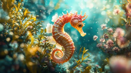 Enchanted Seahorse in a Sunlit Coral Reef