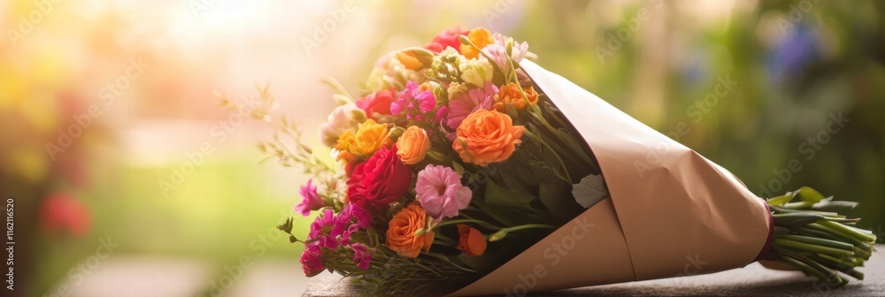 Poster colorful flower bouquet wrapped in kraft paper with copy space for text. generative ai