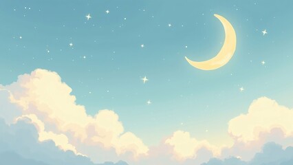 Fototapeta premium Dreamy Night Sky with Crescent Moon and Stars in Watercolor Digital Illustration PC, LAPTOP WALLPAPER
