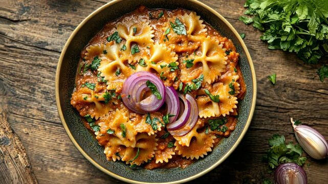 Delicious farfalle pasta served in a rich sauce with fresh herbs and onions on a rustic wooden table