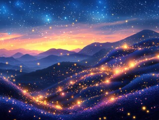 Fototapeta premium A radiant cosmic composition of glowing galaxies in vibrant shades of pink, blue, and gold, surrounded by pixelated stars and swirling nebulas creating a breathtaking celestial aesthetic. 