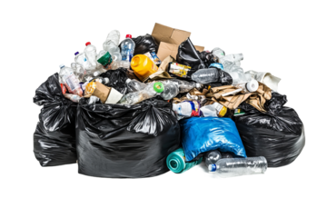 Pile of garbage bags and trash isolated on a white background