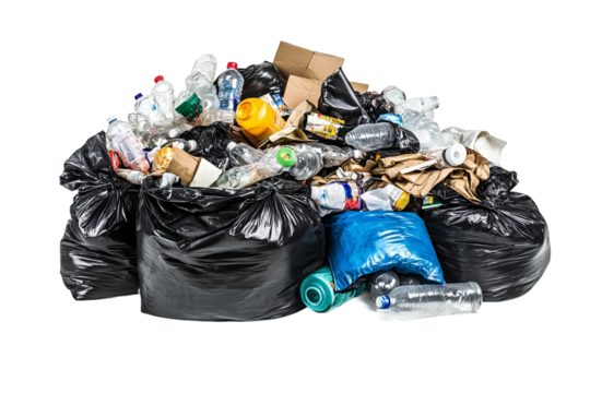 Pile of garbage bags and trash isolated on a white background