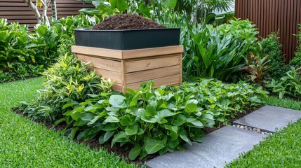 Sustainable Living Organic composting concept, A modern garden featuring a raised planter box surrounded by lush greenery and stone pathways.