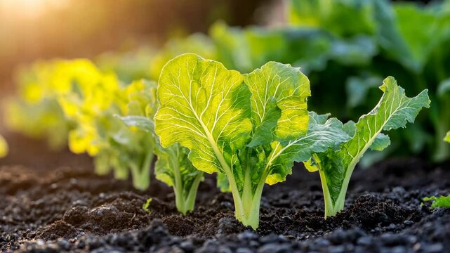 Fresh greens growing in a sunlit garden with healthy soil and vibrant foliage capturing the essence of spring&rsquo;s bounty