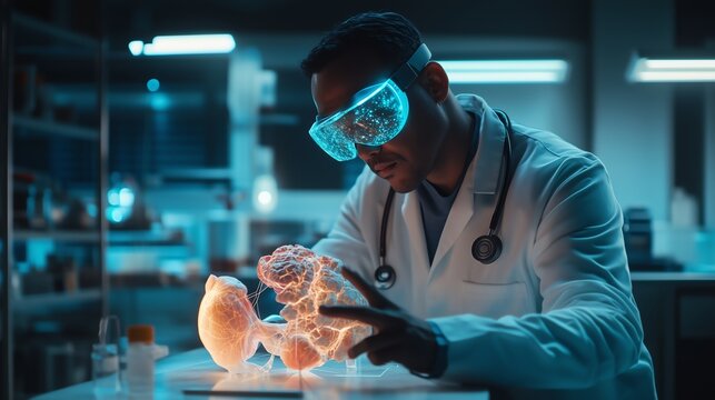 Focused doctor wearing VR, examining a 3D anatomy model in a serene modern medical lab with glowing holographic displays, showcasing advanced medical technology.