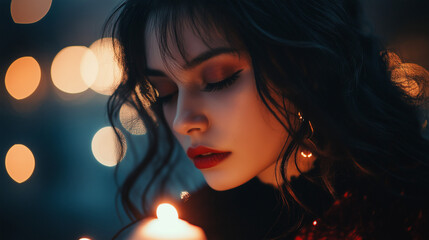 Naklejka premium Thoughtful woman gazing at candlelight with bokeh background, introspection