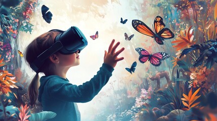 Child in VR headset, reaching out to touch a virtual butterfly, surrounded by floating trees, animals, and flowers, on a white background.