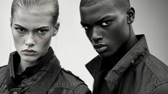 Diverse models showcase fashion in striking black and white portrait during urban photoshoot