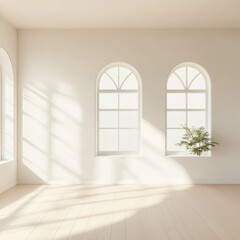 Fototapeta premium Bright and airy room with three arched windows illuminating a minimalist space.