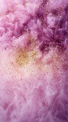 Fototapeta premium An artistic blend of shimmering particles floating above a rippling water texture, illuminated by warm golden light and surrounded by a soft gradient of peach and lavender. 