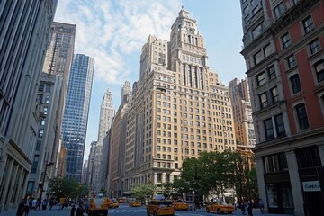 City street with tall buildings and yellow cabs.