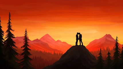 Kissing Couple Silhouette scenic concept. Silhouetted couple embracing against a vibrant sunset in a mountainous landscape.