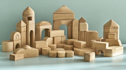 Wooden blocks arranged as a miniature city on a light blue surface against a light green background.