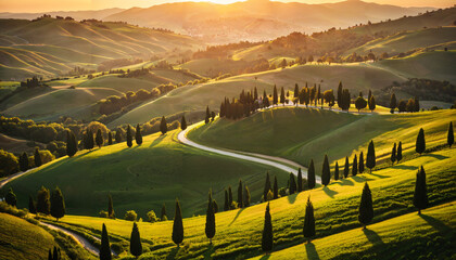 Coucher de soleil sur les collines toscanes