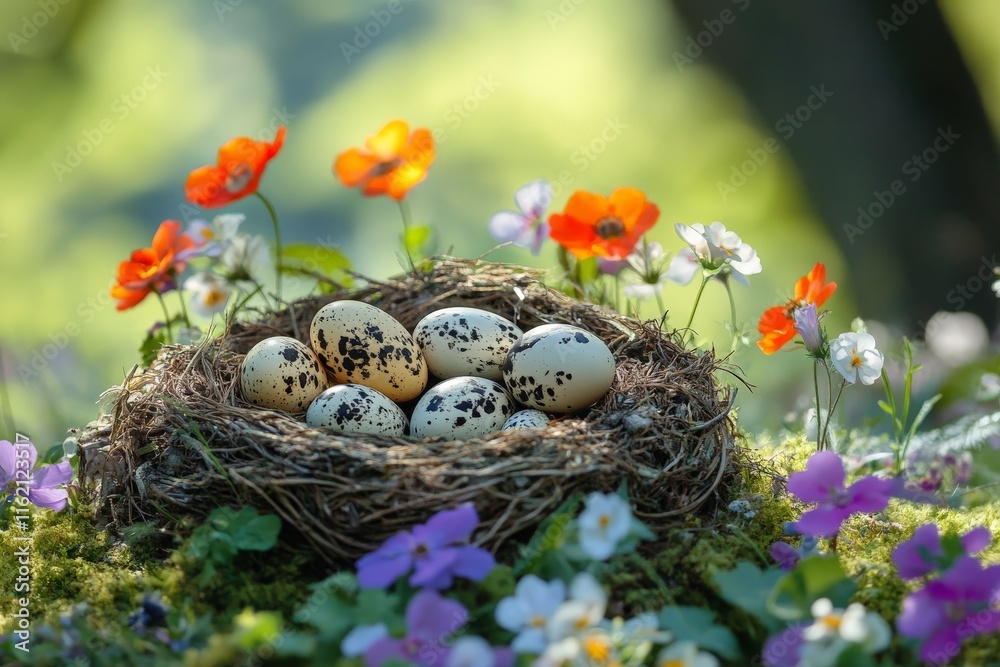 Poster nest with speckled eggs surrounded by colorful blooming flowers in a serene garden setting during sp