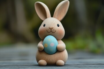 Cute wooden bunny holding a pastel colored egg in a natural outdoor setting during springtime