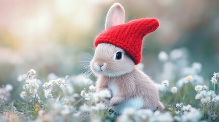 Obraz premium Adorable baby bunny wearing red knitted hat in a flower field