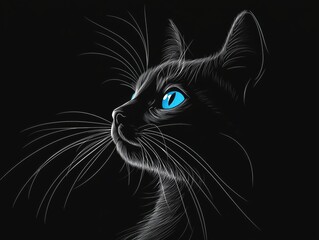 Black background, simple line art of a cat with glowing blue eyes, vector illustration, simple lines, simple drawing, minimalism, simple design, simple details, simple drawing style, simple lines