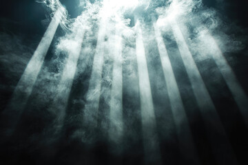 Light beams pierce through a smoky, dark atmosphere, creating a dramatic, mysterious scene.