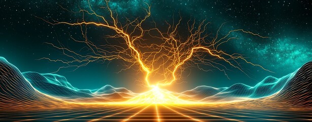 Vibrant Electric Eruption Lighting Up the Night Sky Over a Futuristic Landscape with Dynamic Mountains and Shimmering Stars in the Background