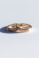 pair of gold wedding bands intertwined and placed on pristine white background with elegant shadows