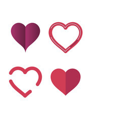 Set of 4 pink, red heart icons, simple vector cartoon doodle style illustration elements for product or web design.