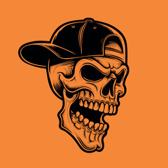 Street style illustration of a skull in a baseball cap.vector illustration on an orange background