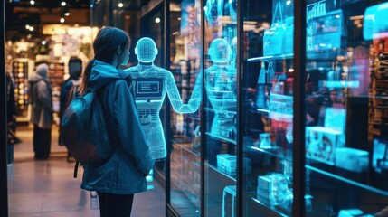 Woman looking at holographic display in modern store.