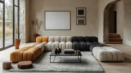 Modern sectional sofa in beige, mustard, and black, arranged in an L-shape in a minimalist living room with large windows and stone walls.