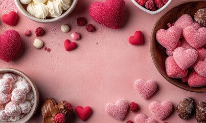 Valentine's Day background with pink and red hearts, chocolate bon-bons in small bowls, and candies on the table