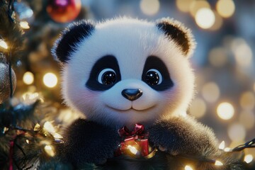 Fototapeta premium Celebrate Christmas with cute fluffy panda party.